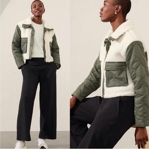 Athleta Olive and Cream Teddy Jacket